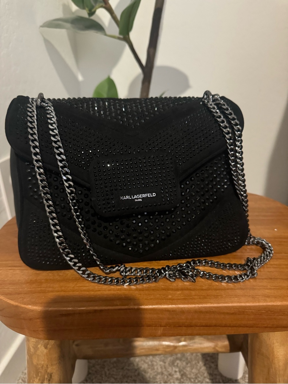 Karl Lagerfeld Black Studded Suede Crossbody with Silver Chain